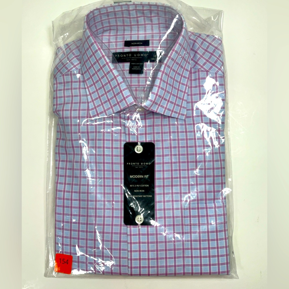 NWT Men’s Pronto Uomo No-Iron Modern‎ Fit Blue Pink Checked Dress Shirt 16 34/35